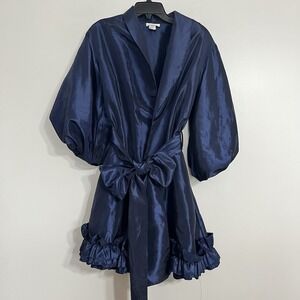 Vintage 80's ic Collection Puff Sleeve Wrap Dress Ruffle Hem Size Small Blue